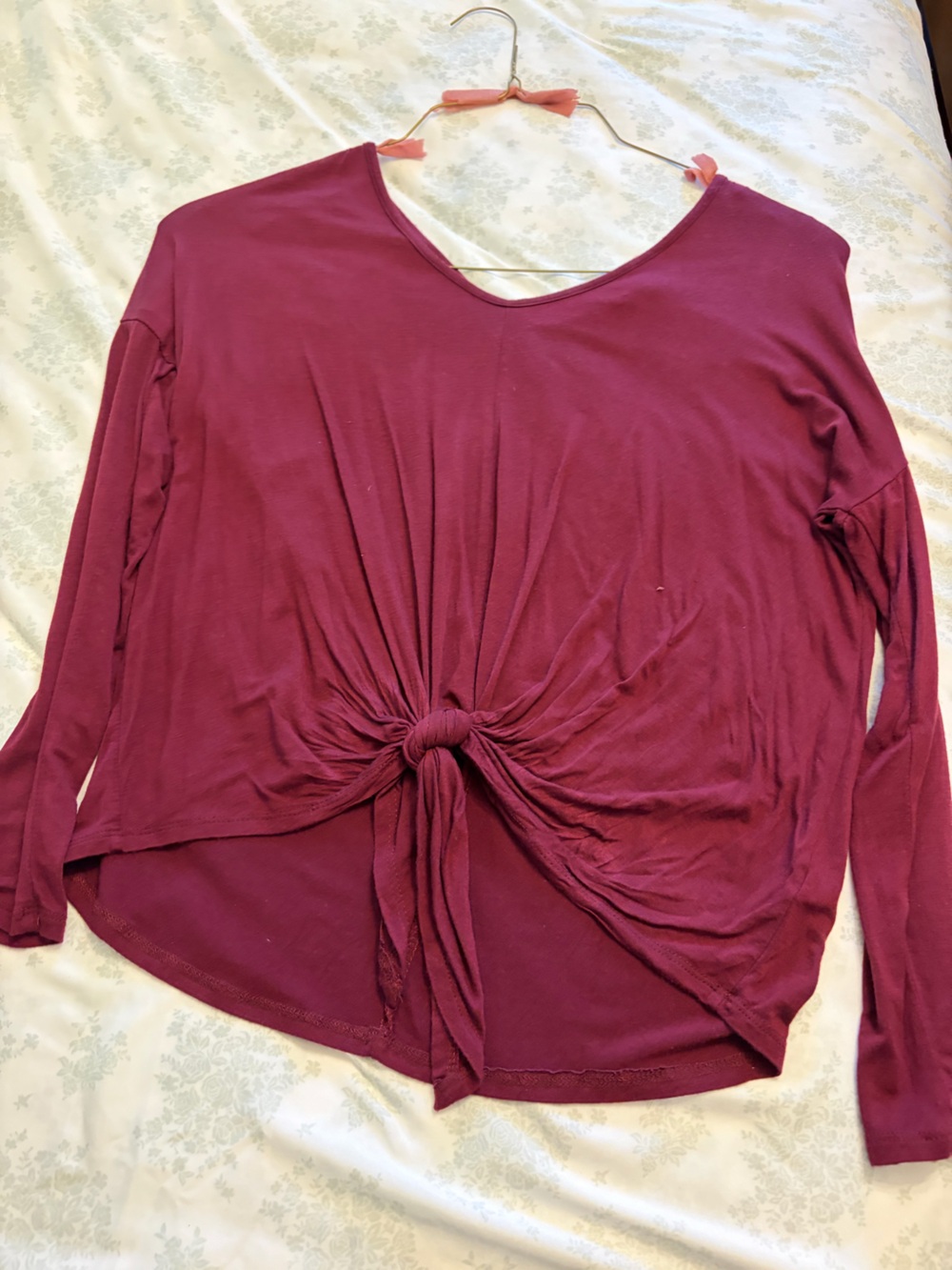 Women's Knot-Front Long Sleeve Top - Burgundy